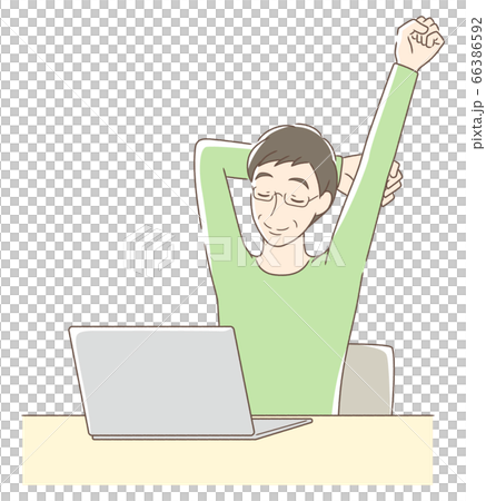 パソコンの前でストレッチをする男性 66386592