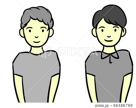 半袖のtシャツを着たふわふわヘアスタイルの日本人男性と半袖ポロシャツを横分けヘアスタイルの日本人男性のイラスト素材