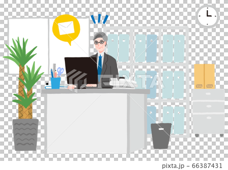 オフィスでパソコン作業をする年配の男性 メール受信のイラスト素材