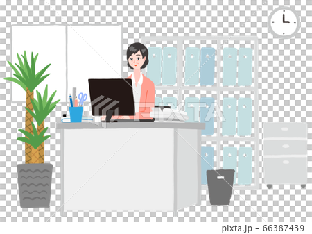 オフィスでパソコン作業をする年配の女性のイラスト素材