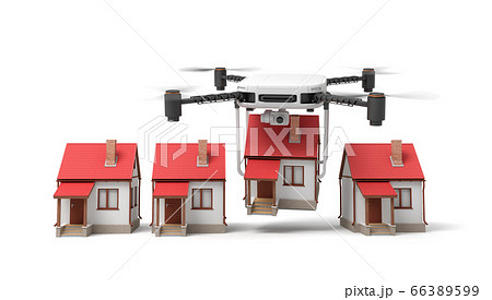 3d rendering of white drone carrying small houses with red roofs on white background 66389599