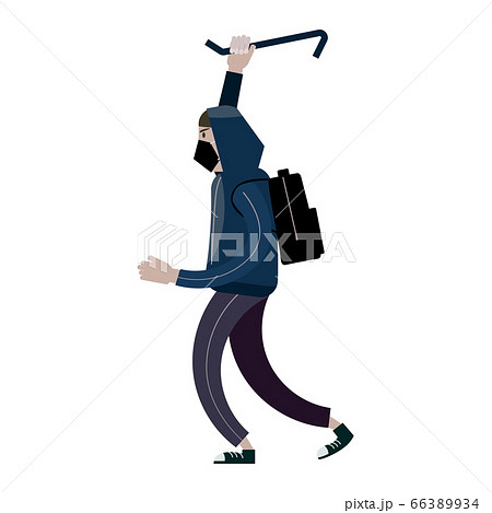 Looter with crowbar. Robber, scrap, criminal character. Vector illustration isolated cartoon flat style Looter with crowbar. Robber, scrap, criminal character. Vector illustration isolated cartoon flat style 66389934