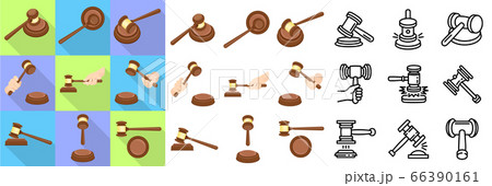 Judge hammer icons set, flat and outline style Judge hammer icons set, flat and outline style 66390161