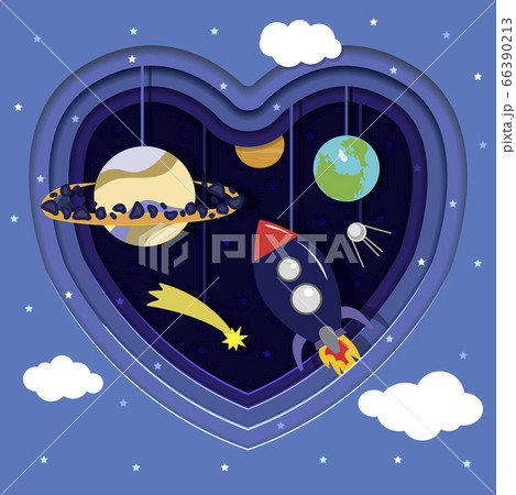 Space cut out of paper with planets, rocket and stars. Heart cut out of paper. Hung on strings paper satellite, Earth, Saturn, mercury, satellite and meteorite. Paper cartoon space with stars and Space cut out of paper with planets, rocket and stars. Heart cut out of paper. Hung on strings paper satellite, Earth, Saturn, mercury, satellite and meteorite. Paper cartoon space with stars and 66390213