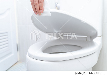 Cropped image of young woman cleaning Toilet seat by a wet wipe in public restroom Cropped image of young woman cleaning Toilet seat by a wet wipe in public restroom 66390538