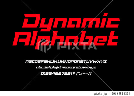 Red sport dynamic font with numbers and punctuation, uppercase and lowercase letters. Italic geometric alphabet, wide font with spurs. Modern vector typography on black background. Red sport dynamic font with numbers and punctuation, uppercase and lowercase letters. Italic geometric alphabet, wide font with spurs. Modern vector typography on black background. 66391832