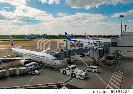 福岡空港 昼間 晴天 搭乗ゲートからの眺望 並ぶ旅客機とボーディングブリッジ 背景に滑走路 福岡空港 昼間 晴天 搭乗ゲートからの眺望 並ぶ旅客機とボーディングブリッジ 背景に滑走路 66393224
