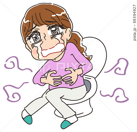 トイレで腹痛にあえぐ女性のイラストのイラスト素材