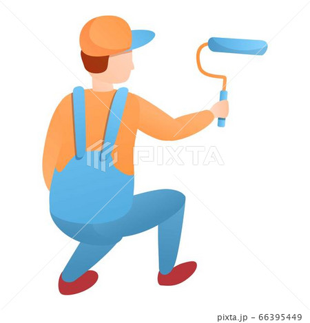 Painter guy working squatting icon, cartoon style 66395449