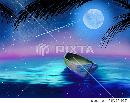 夜空に輝く星と月と海に漂うカヌーのイラスト素材