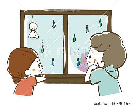 雨の日に残念そうに窓の外を眺める子どもたちのイラスト素材