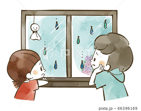 雨の日に残念そうに窓の外を眺める子どもたち 水彩のイラスト素材