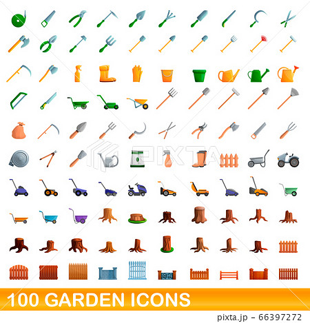 100 garden icons set, cartoon style 66397272