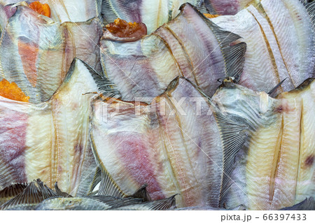 Lot of salted dried fish ocean plaice. Background of group flatfish with caviar. Close-up flat lay view of prepared and ready-to-eat Pacific seafood Lot of salted dried fish ocean plaice. Background of group flatfish with caviar. Close-up flat lay view of prepared and ready-to-eat Pacific seafood 66397433