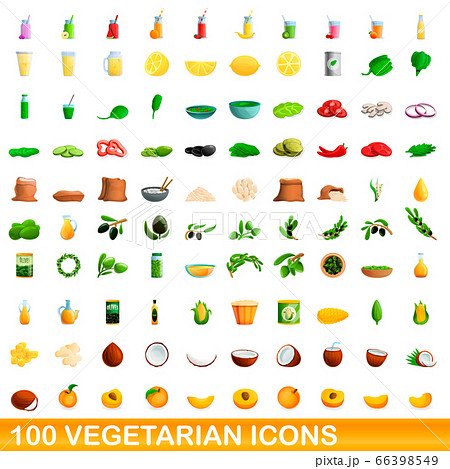 100 vegetarian icons set, cartoon style 66398549