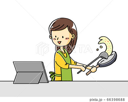 タブレットを見ながら見ながら料理する主婦 女性イラストのイラスト素材