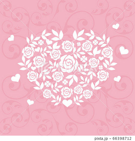 薔薇と葉っぱ ハート形 ピンク背景のイラスト素材