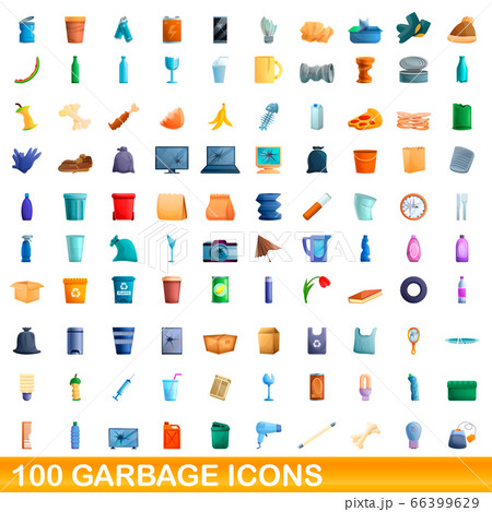 100 garbage icons set, cartoon style 66399629