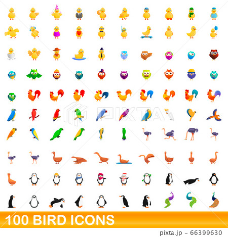 100 bird icons set, cartoon style 66399630