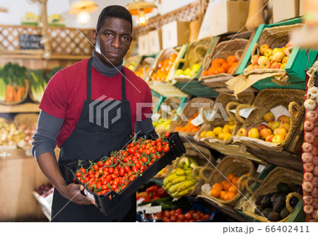 Confident salesman carrying box with tomatoes 66402411