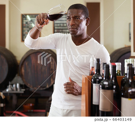 Confident african american male winemaker inspecting quality of red wine, checking it in wine store 66403149