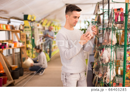 Man choosing flower seeds in garden market Man choosing flower seeds in garden market 66403285