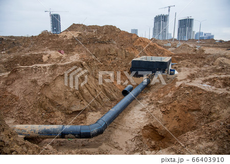 Black sewer pipes for laying an external sewage system at a construction site Black sewer pipes for laying an external sewage system at a construction site 66403910