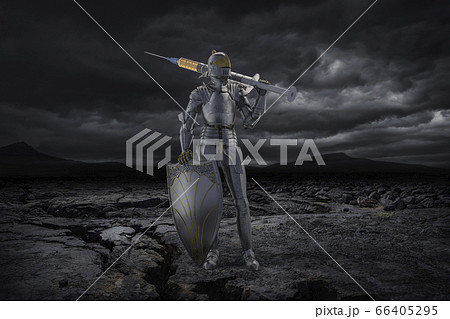 Knight figurine with vaccination against coronavirus 66405295