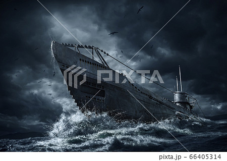 Submarine in stormy sea 66405314