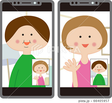 スマートフォンのビデオ通話で自宅から話をする女性2人のイラスト素材