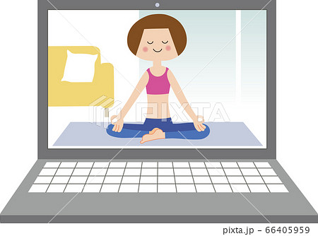 ノートパソコン画面に映ったスカ・アーサナ（安楽座のポーズ）のヨガポーズをする女性 66405959
