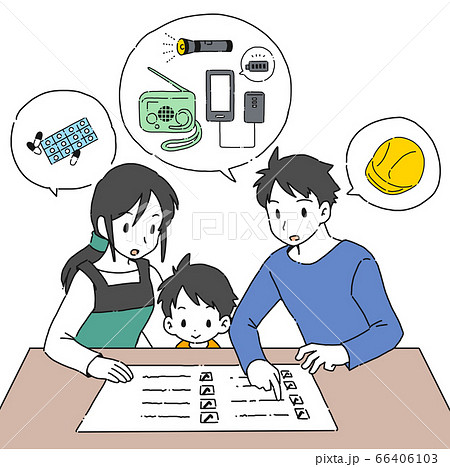 災害時の持ち物チェックリストをする家族のイラストのイラスト素材