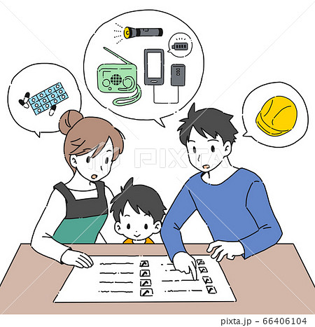 災害時の持ち物チェックリストをする家族のイラストのイラスト素材