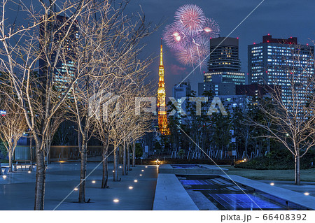 都市風景 芝浦中央公園から眺める東京タワーと花火 合成 都市風景 芝浦中央公園から眺める東京タワーと花火 合成 66408392