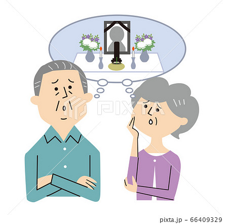 葬儀で悩む夫婦 66409329