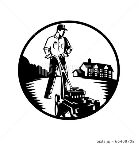 Gardener Mowing With Lawn Mower Woodcut Retro 66409708
