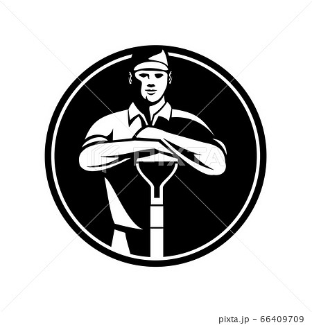 Gardener Landscaper Leaning on Shovel Front View Gardener Landscaper Leaning on Shovel Front View 66409709