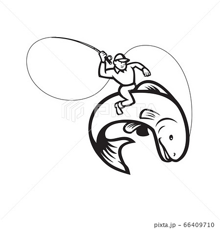 Fly Fisherman Riding Trout Fish Cartoon Black and 66409710