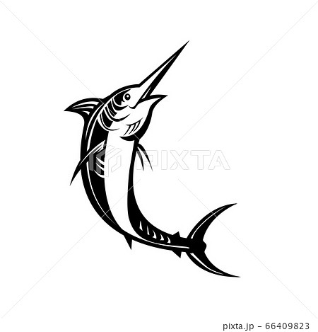 Atlantic Blue Marlin Jumping Retro Woodcut Black Stock Illustration