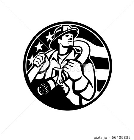 American Fireman Firefighter Carrying Fire Hose 66409885