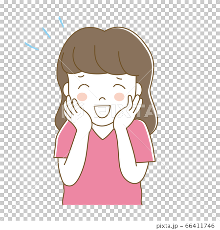 A woman smiling with her hand on his cheek 66411746