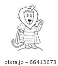 The little lion king in the crown and fur cape. Cute animal waving hand. Hand-drawn russian lubok. Fairystory doodle 66413673