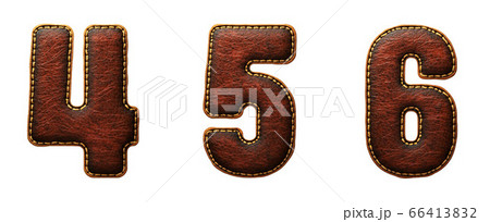 Set of numbers 4, 5, 6, made of leather. 3D render font with skin texture isolated on white background. 66413832