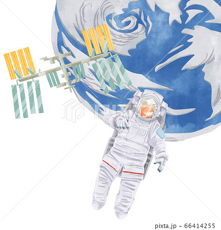 宇宙飛行士と地球とissの水彩イラストのイラスト素材