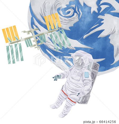 宇宙飛行士と地球とissの水彩イラストのイラスト素材