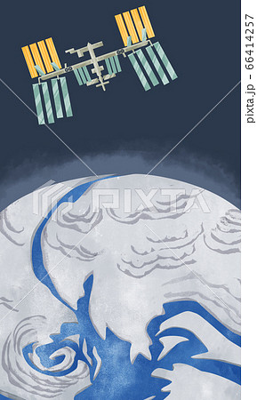 国際宇宙ステーションと地球の水彩イラスト 66414257