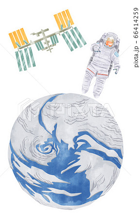 宇宙飛行士と地球とissの水彩イラストのイラスト素材