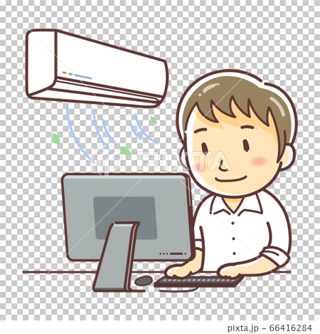 冷房とデスクワークの男性のイラスト（パソコン・クーラー・エアコン） 66416284