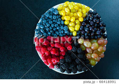 Mix of colored berries in a round plate divided by Mix of colored berries in a round plate divided by 66418991