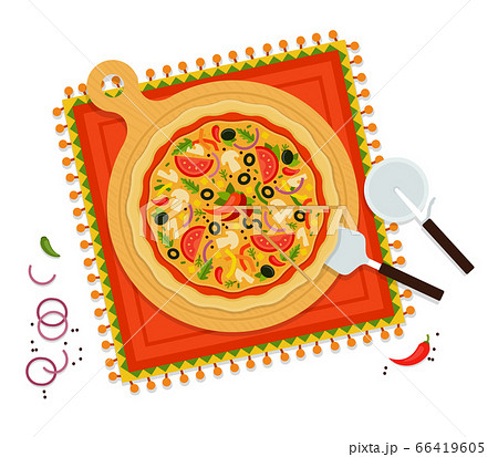 Round delicious pizza mexica vector flat illustration. Popular fast food. Top view. Round delicious pizza mexica vector flat illustration. Popular fast food. Top view. 66419605